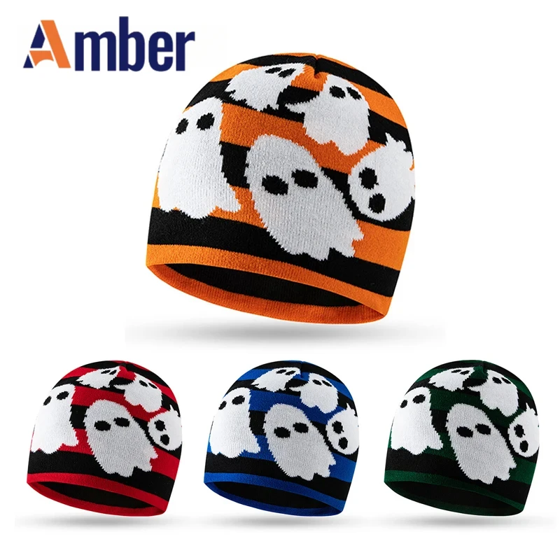 Amber Cartoon Knitting Beanie Cap Halloween All Saints' Day Hat Ghost Print Warm Winter Autumn Outdoor Knitted Gorras 2023 New