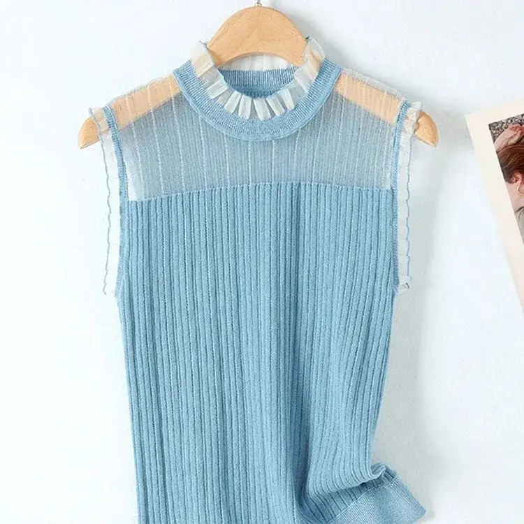 Knitted Vest for Women Hollowed Out Mesh Summer Lace Wooden Ear Edge Ice Silk Sleeveless Top Korean Fashion Clothing