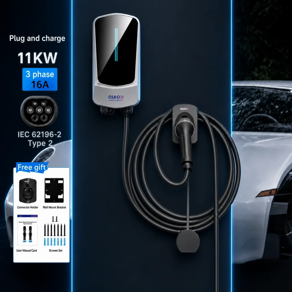 QIAO 11kW 3-Phasen-Wallbox-Ladegerät für Elektrofahrzeuge, 16A 400V Typ 2 Wandmontierte EV-Ladestation mit 5M Ladekabel, LED-Anzeige & EV-Kabelhalter, IEC 62196-2 für das Laden von Elektrofahrzeugen