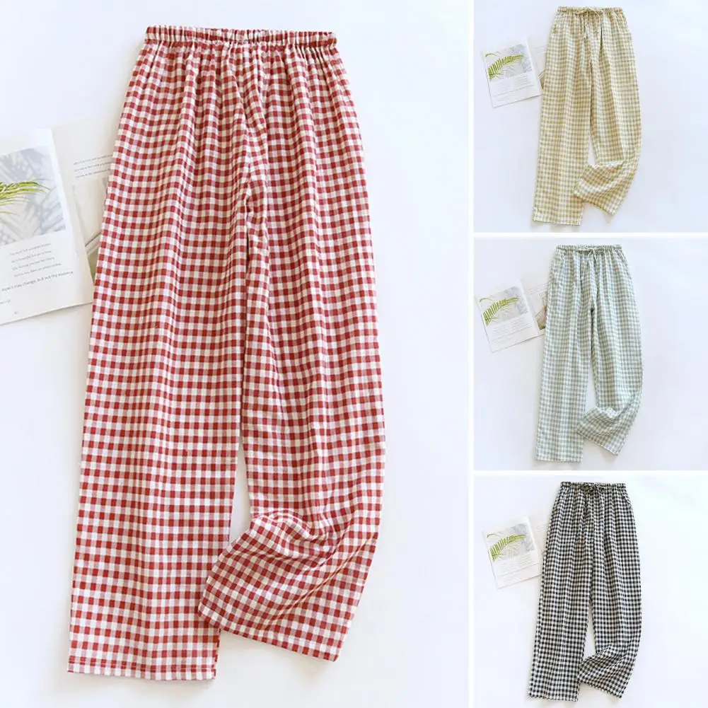 Loose Fit Trousers Plaid Print Drawstring Wide Leg Pants for Women Lounge Trousers with Pockets High Waist Elastic Waistband