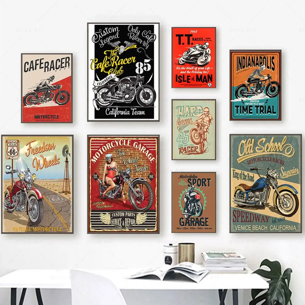 Garage Decor Motobike Retro Print Rider Poster Vintage Classic Motorcycle Race Canvas Painting Club Father Gift Home Wall Decor