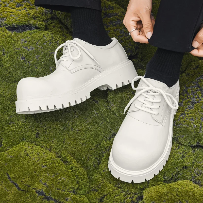 Thick Sole Casual Genuine Leather Dress Shoes Men Platform Heighten Japan Harajuku Korean Streetwear Fashion Shoes White