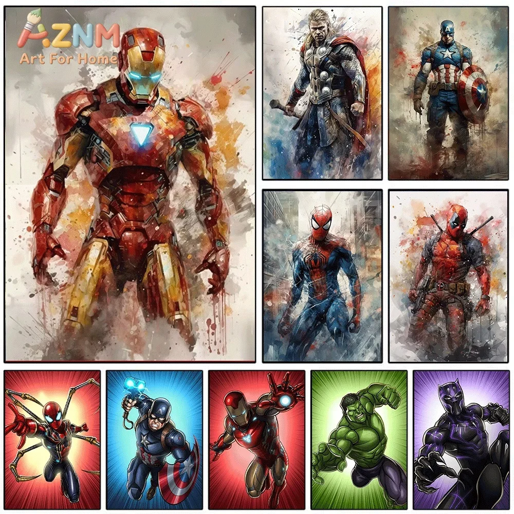 Watercolor Splash Marvel Superhero Canvas Wall Print, Abstract Avengers Hero Character Art Poster, Unframed Canvas Painting fo
