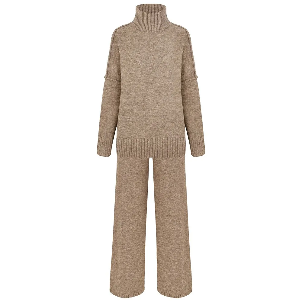 Women's Spring Turtleneck Knit Sweater 2-Piece Set with Loose Ribbed Pants – Casual Oversized Matching Women's Set Outfit
