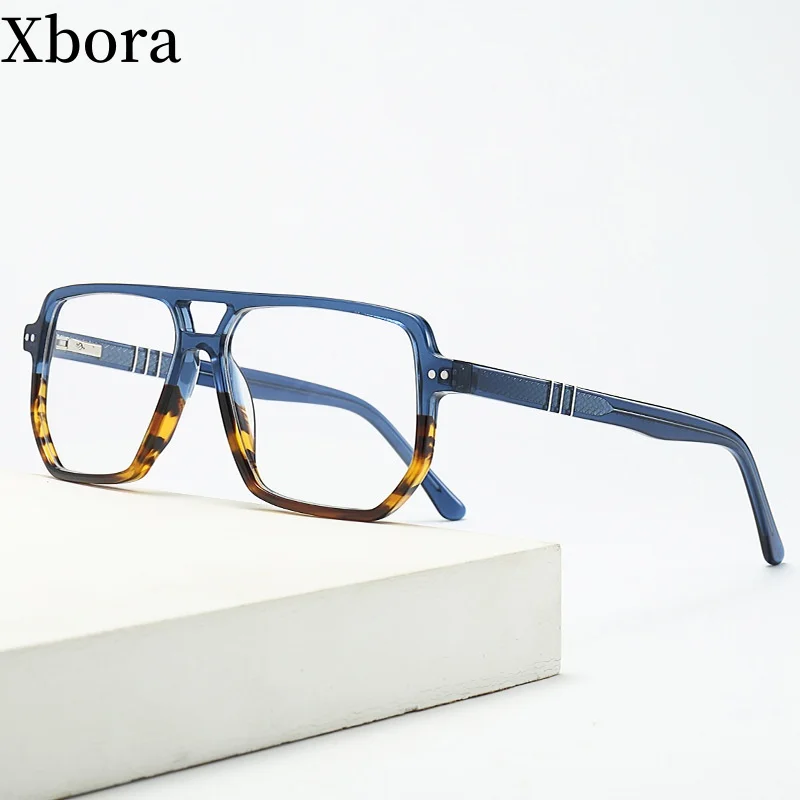 

Xbora Men's Acetate Optical Prescription Eyeglasses Trendy Double-Bridge Eyeglasses Frames Retro Polygonal Glasses 7210