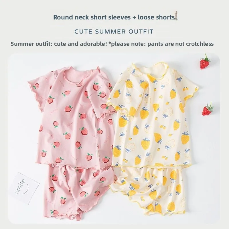 2026 Baby Girl Strawberry Pajamas Set Summer Short Sleeve Thin Two Piece Toddler Kids Sleepwear Infant Home Wear Clothes