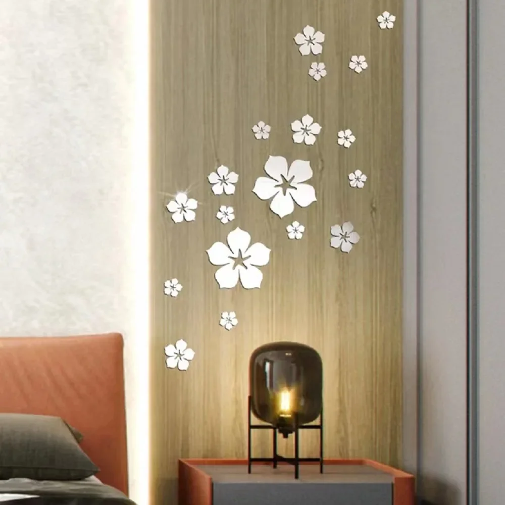 18pcs Mirror Face Flower Acrylic 3D Wall Decal Decoration Self-Adhesive DIY Art Home Mural Bedroom TV Background Home Decoration