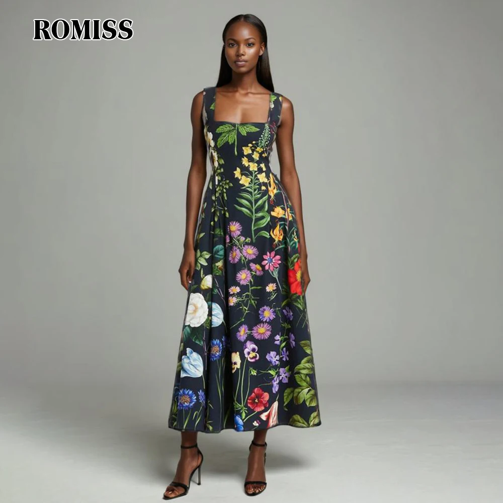 ROMISS Backless Pullover Dress For Women Square Collar Sleeveless High Waist Casual Print Midi Dresses Female 2024 Fashion