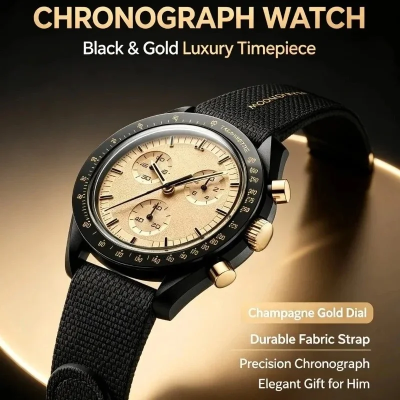 2026 New Popular Vintage Moon Landing 1969 Exclusive Limited Edition Black Case Gold Dial Quartz Wrist Watch