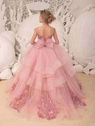 Pink Applique Flower Girl Dress For Wedding Tulle Sleeveless Fluffy Elegant Child Communion Birthday Party Dresses Girl Gifts