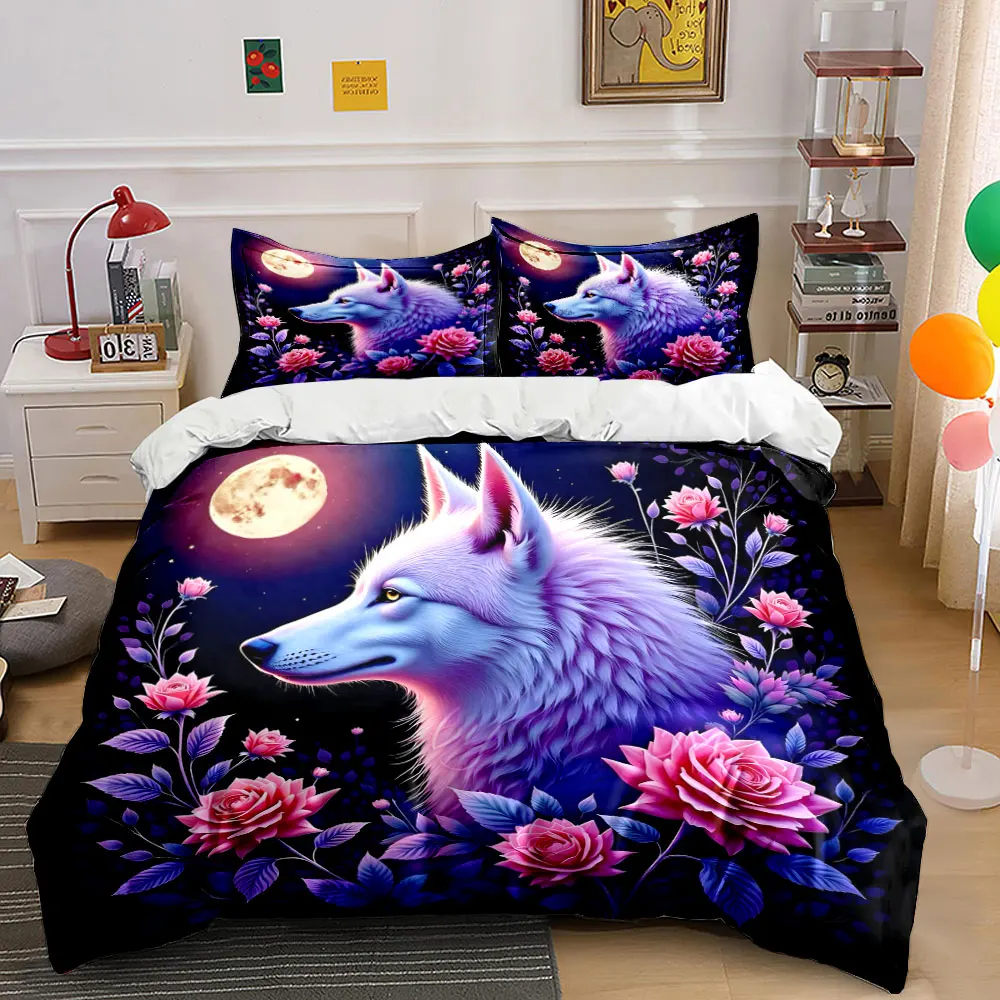 Purple Wolf and Roses Under Moon Printed Duvet Cover Set 1 Duvet Cover+2 Pillowcase Multi Size Bedroom Bedding Decor