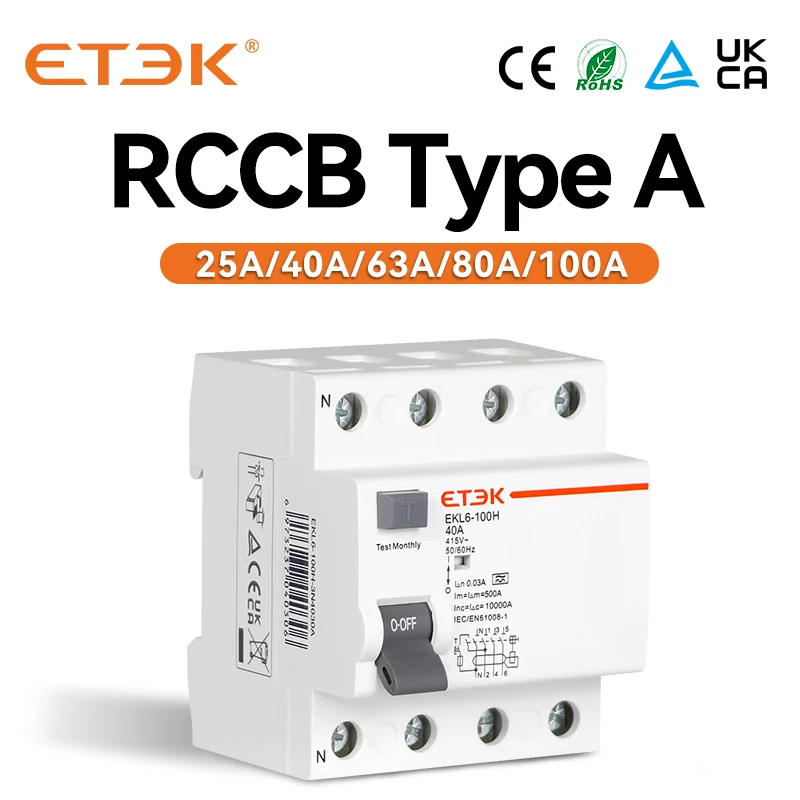 

ETEK Type A RCD RCCB Electromechanic Residual Current Circuit Breaker 30ma 2 Pole10KA 3P+N 4P 40A DC 230V EKL6-100H