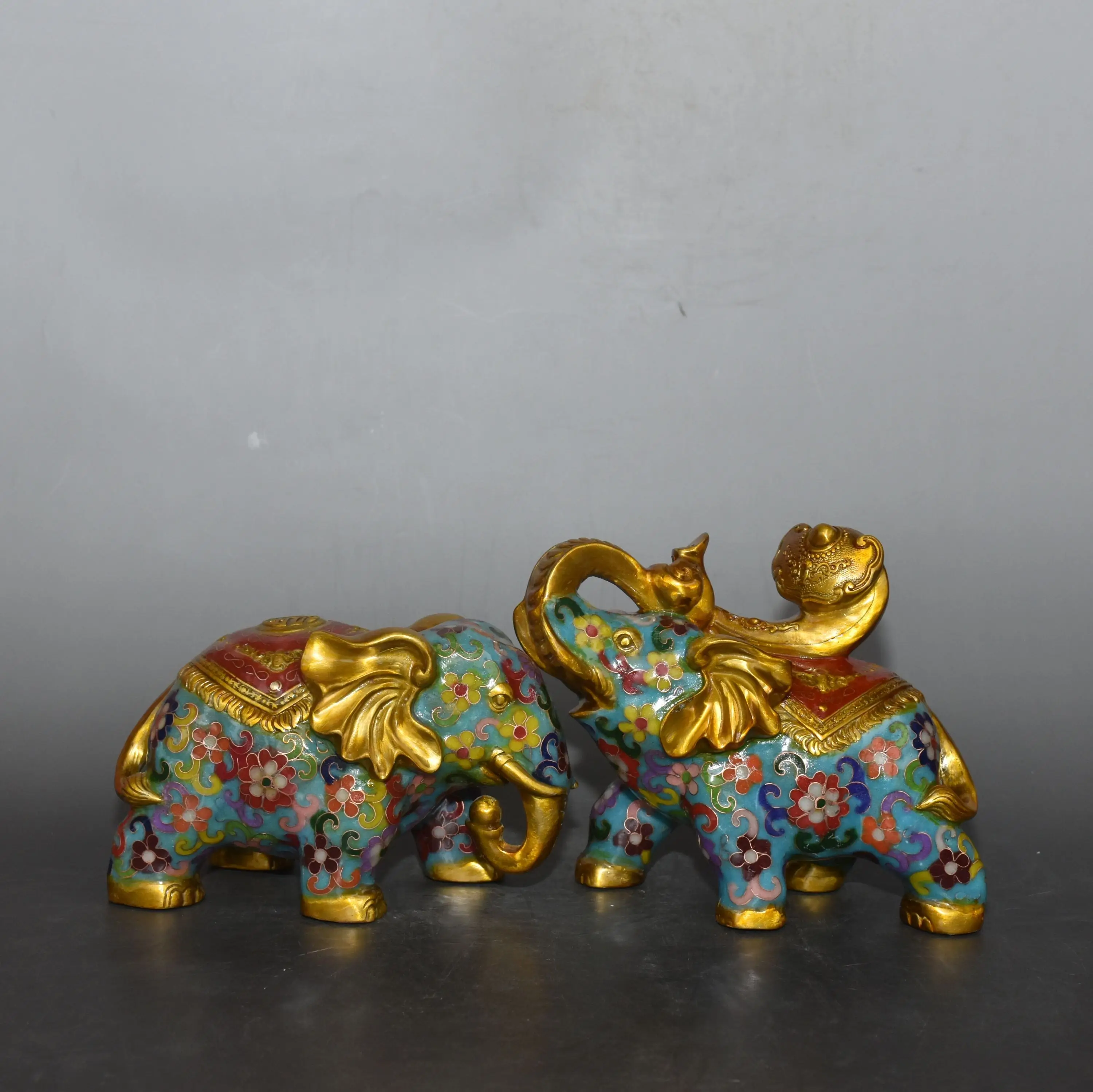 7"Old China Collections Old Bronze Cloisonne Enamel Ruyi Elephant Statue A Pair Gather fortune Ornament Town house Exorcism