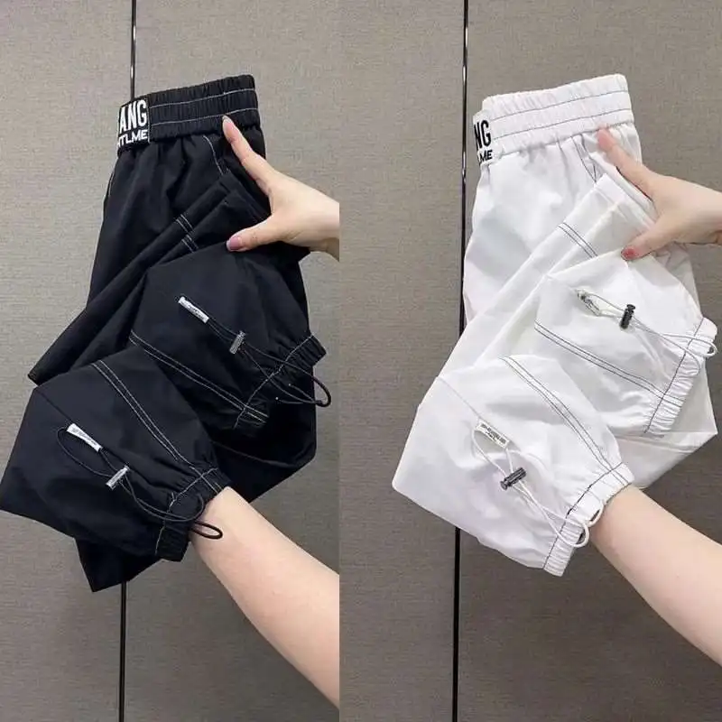 Quick-drying Pants Women's Summer Thin Elastic Waist Korean Harem Pants Loose Slim Drawstring Ankle-Length Pants Casual Trousers