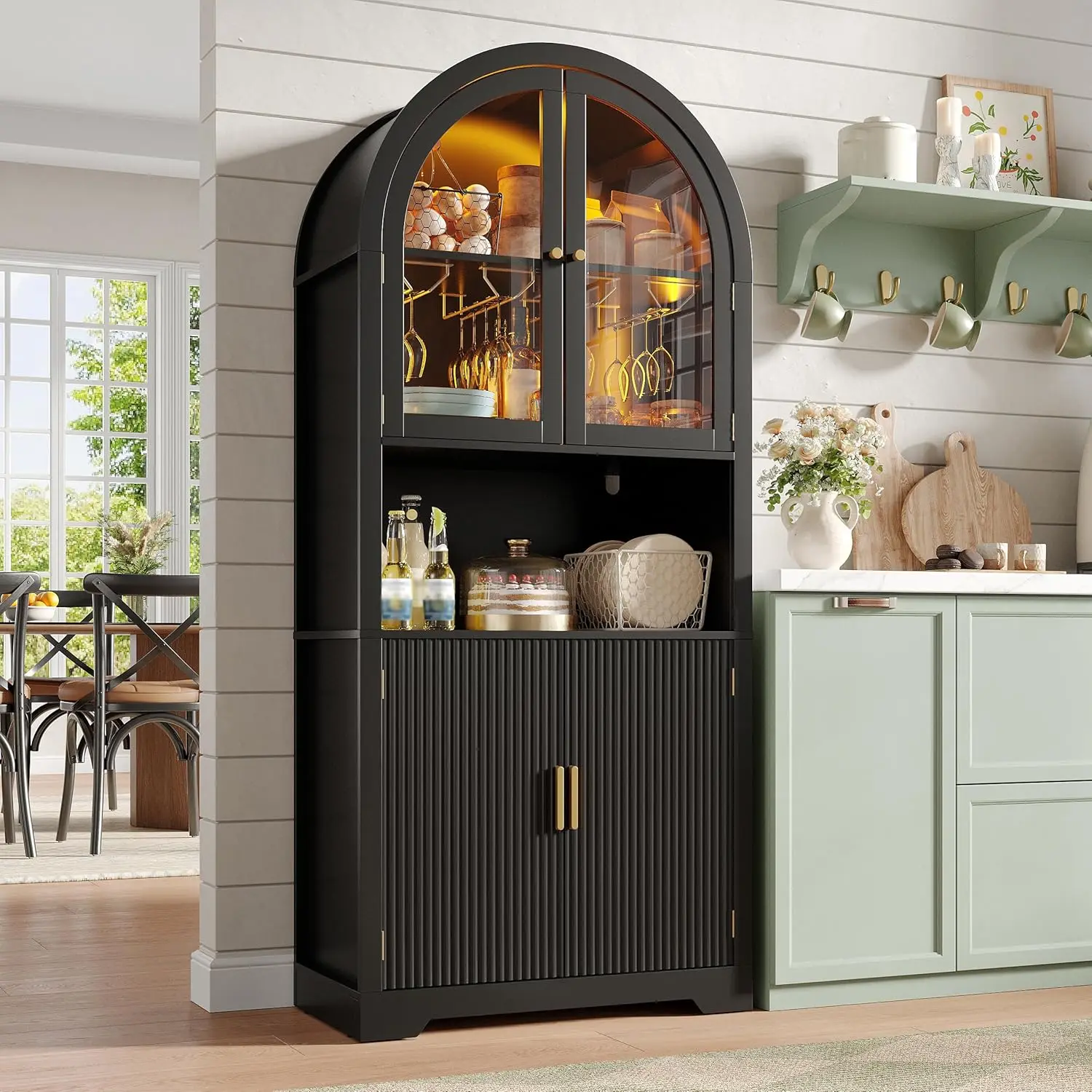 

70" Tall Arched Wine Bar Cabinet with LED Light, Fluted Coffee Bar Cabinets with Stemware Rack, Liquor Cabinet for Home
