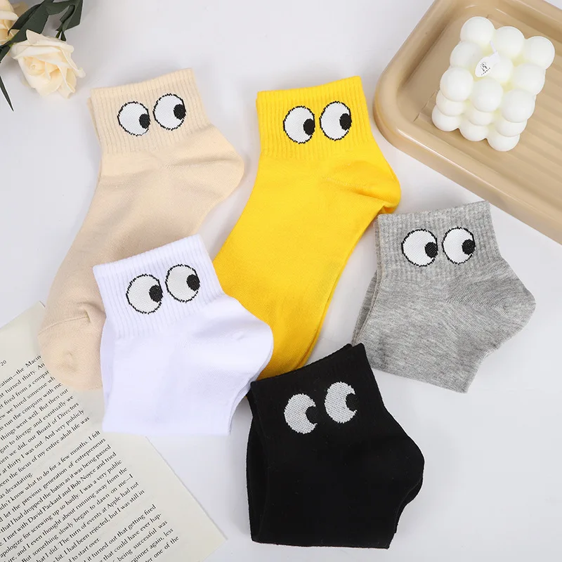 Lovely Eyes Print Short Socks Women Cute Female Thin Summer Leisure Ankle Socks Solid Color Low Tube Sox Comfortable Cotton Sock