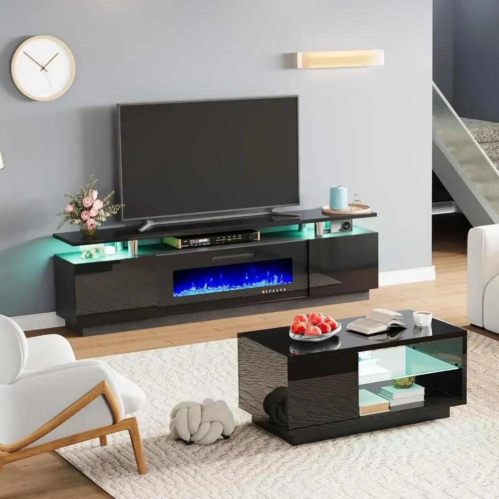 Juego de mesa de salón de 3, incluye soporte para TV con chimenea de 2 niveles de 80", mesa de centro con estantes de vidrio, luces LED multimedia Cente