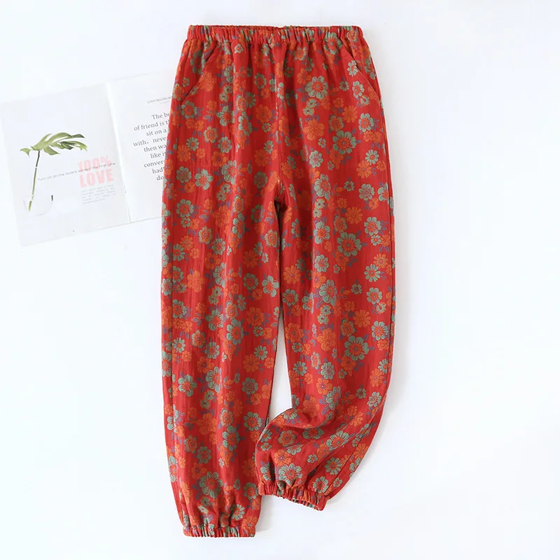 2024 Primavera/Estate delle nuove donne pantaloni da notte 100% cotone jacquard carino e fresco fiore pantaloni allentati chiusura pantaloni a casa