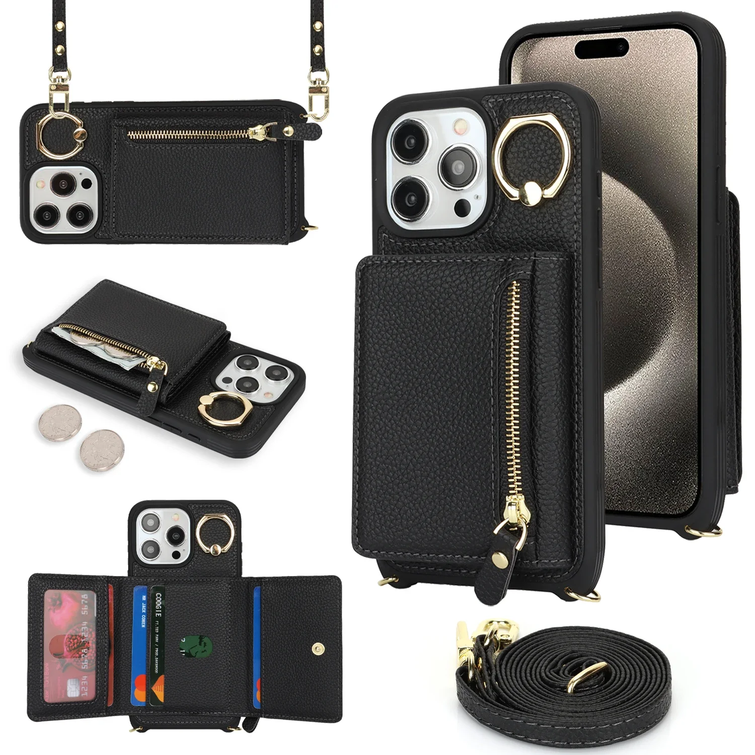 Skórzane etui na iPhone'a 15 14 13 12 11 Pro Max XS X XR Pokrowiec ochronny Uchwyt na karty z zamkiem błyskawicznym Torba na karty — zdjęcie produktu 5