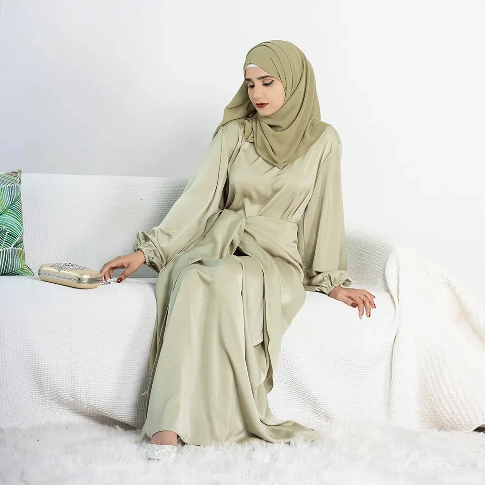 

Eid Satin Abaya Inner Dress Women Stylish Muslim Hijab Robe African Wrap Waist Dress Dubai Turkey Modest Abayas Kimono Kaftan