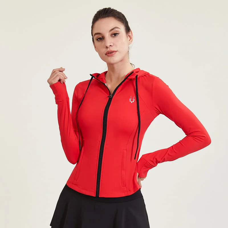 Women Autumn Winter Sports Hooded Jacket Top Tight Fitting Yoga Sportswear Running Quick Drying Zipper Clothes Gym Long Sleeved