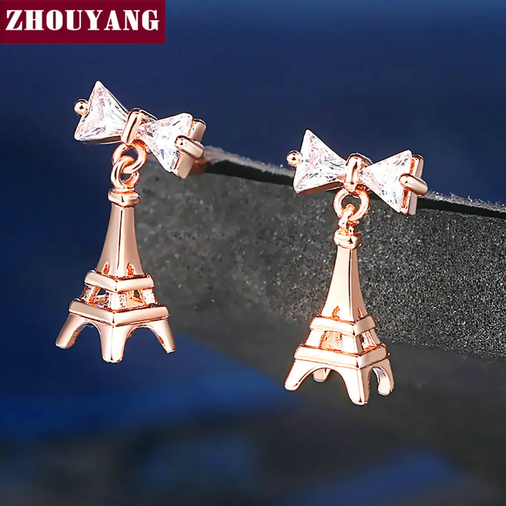 Eiffel Tower Earrings for Women Unique Bowknot Crystal Rose Gold Color Dangle Ear Rings Accessories Fashion Jewelry DZE003