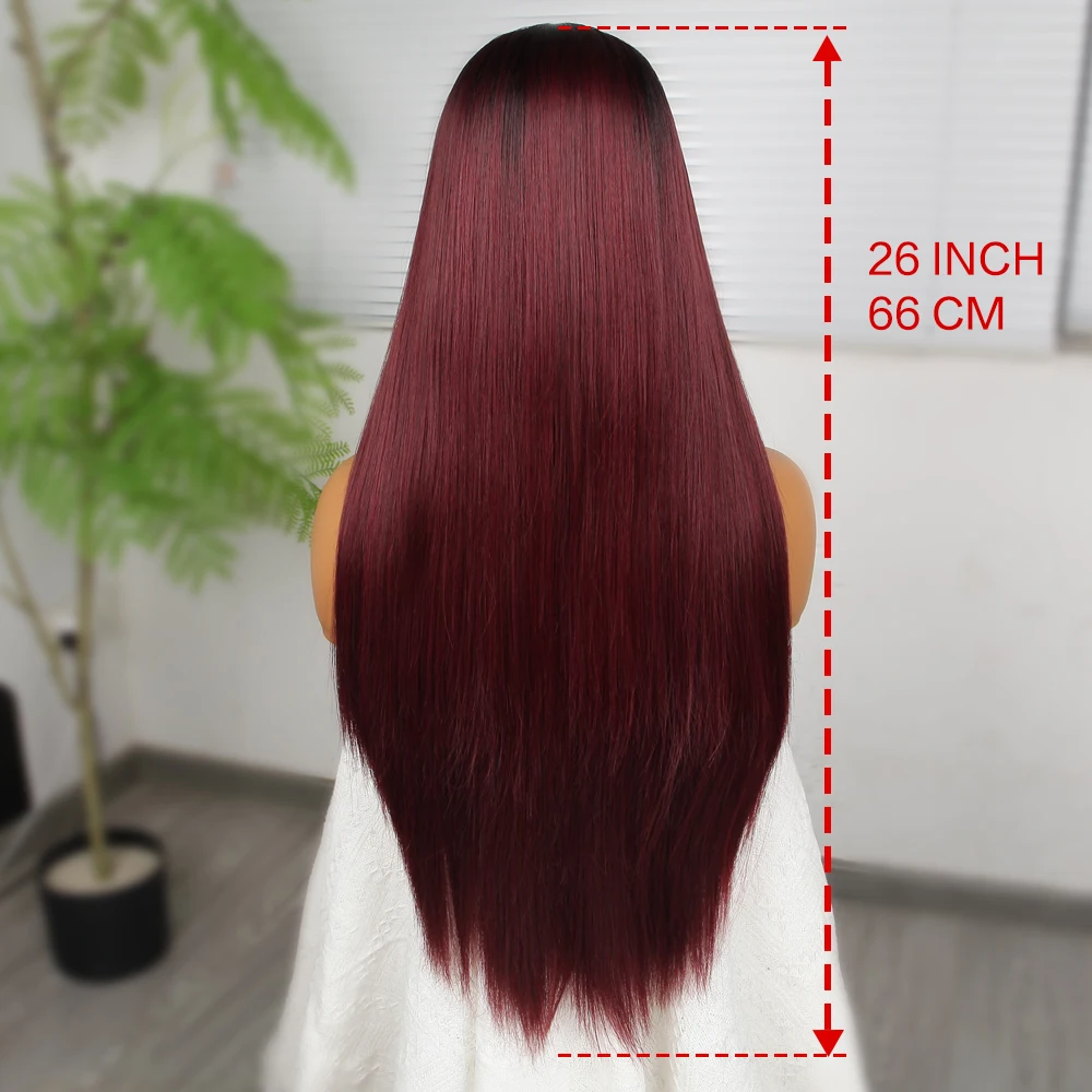 13*4 frente do laço 26 polegada perucas de renda sintética peruca de cabelo reto vinho vermelho feminino elegante sedoso boa textura moda resistente ao calor