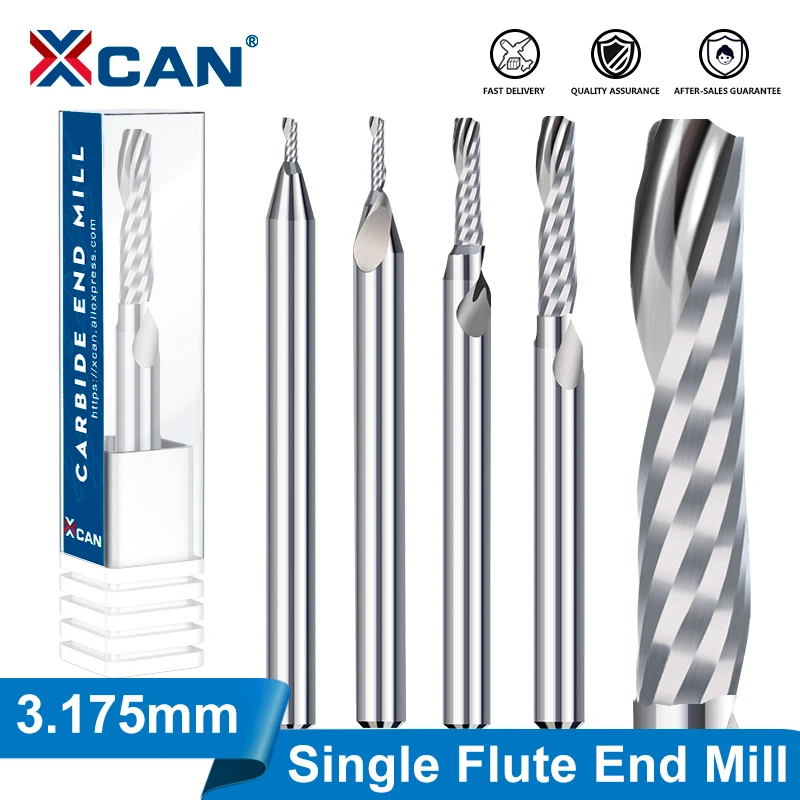 XCAN Milling Cutter 10pcs 3.175mm Shank CNC End Mills Cutting Length 15/17/20/22mm One Flute Spiral Router Bits for Wood MDF PVC