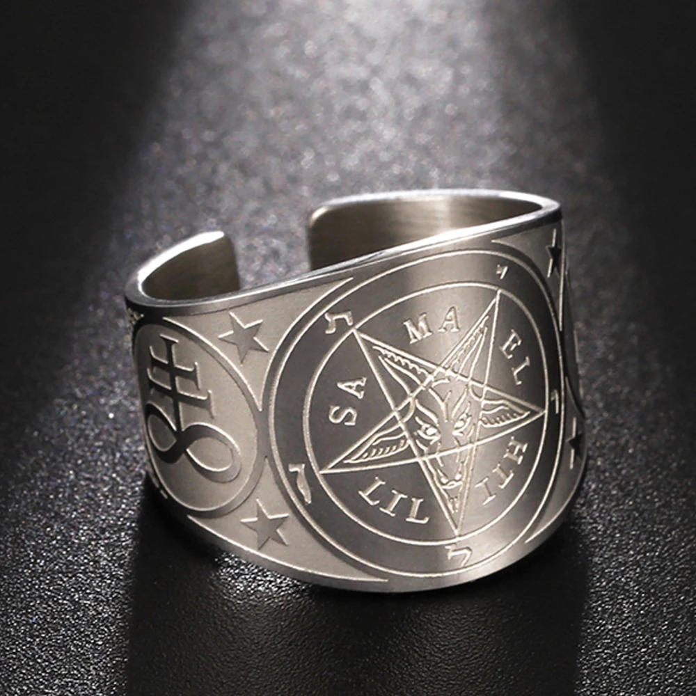 Dawapara Sigil of Baphomet Inverted Pentagram Stainless Steel Ring Protection Amulet Wicca Witchcraft Church of Satan Jewelry