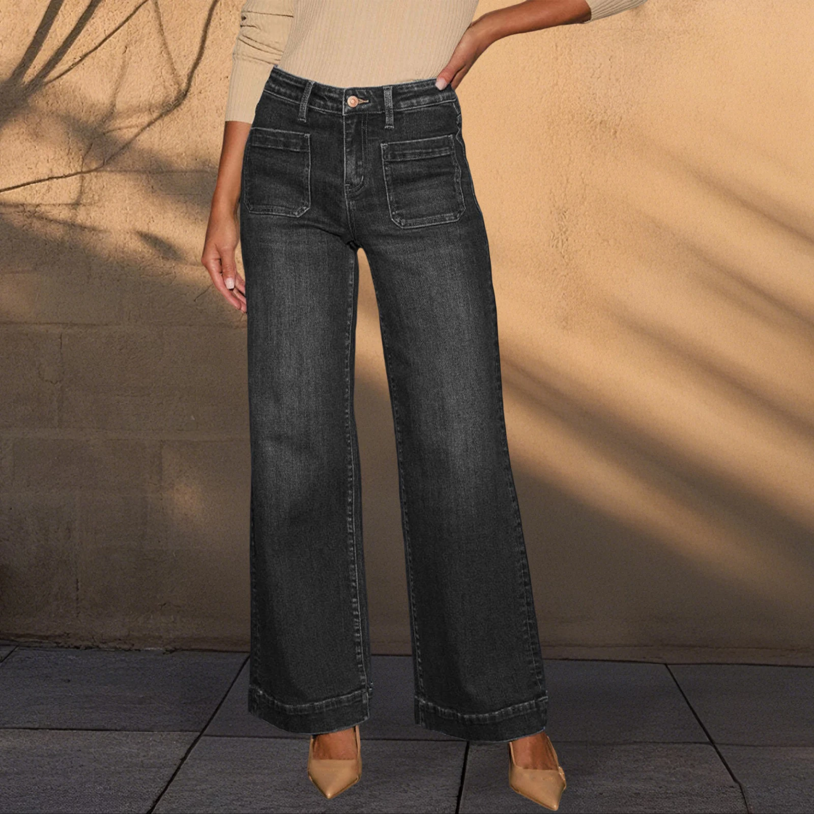 여성 와이드 레그 청바지 우아한 하이 웨이스트 솔리드 루즈 바지 포켓 포함 스트리트웨어