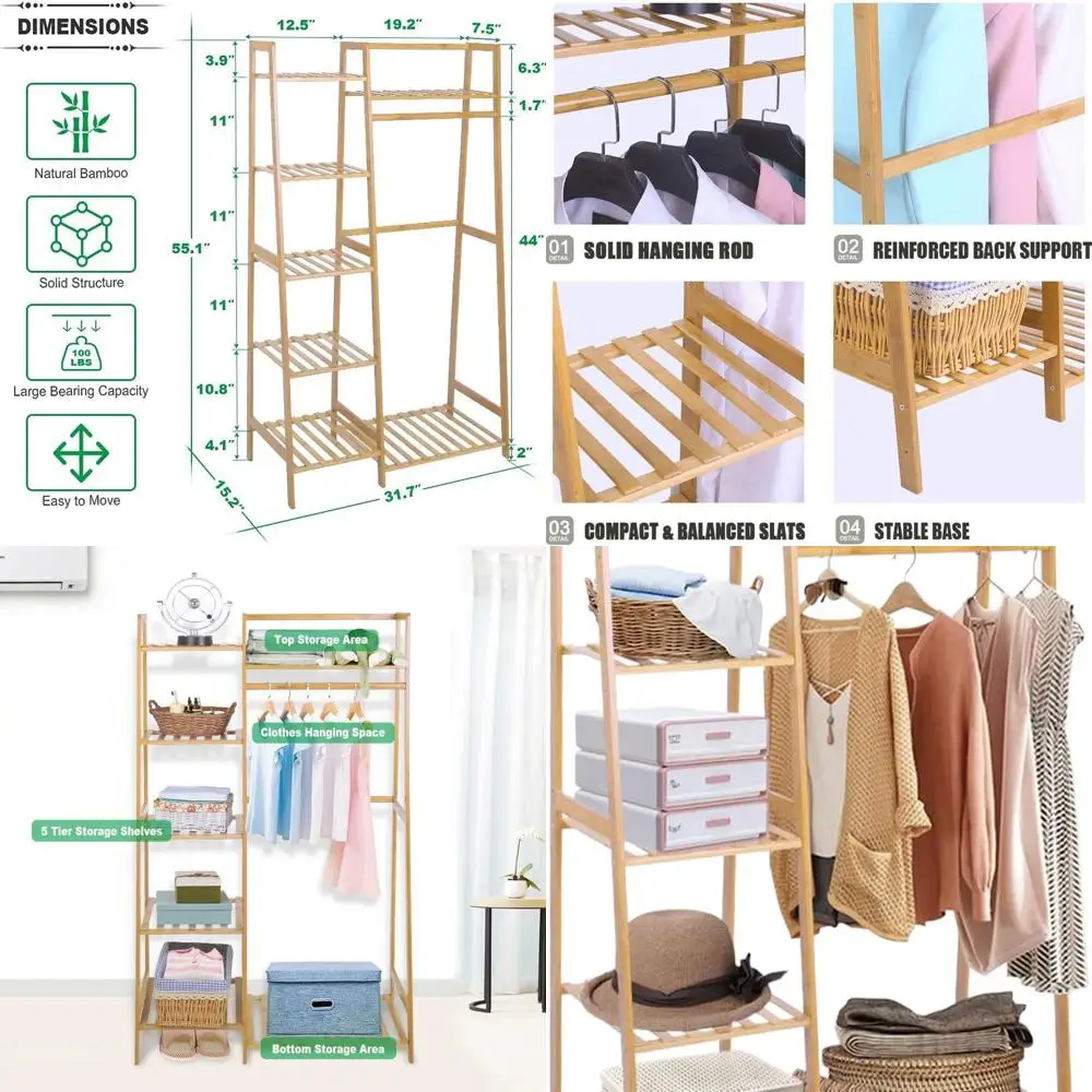 

7-Tier Bamboo Clothes Rack - Heavy Duty Storage Shelf Organizer for Indoor Minimalist Wardrobe Closet