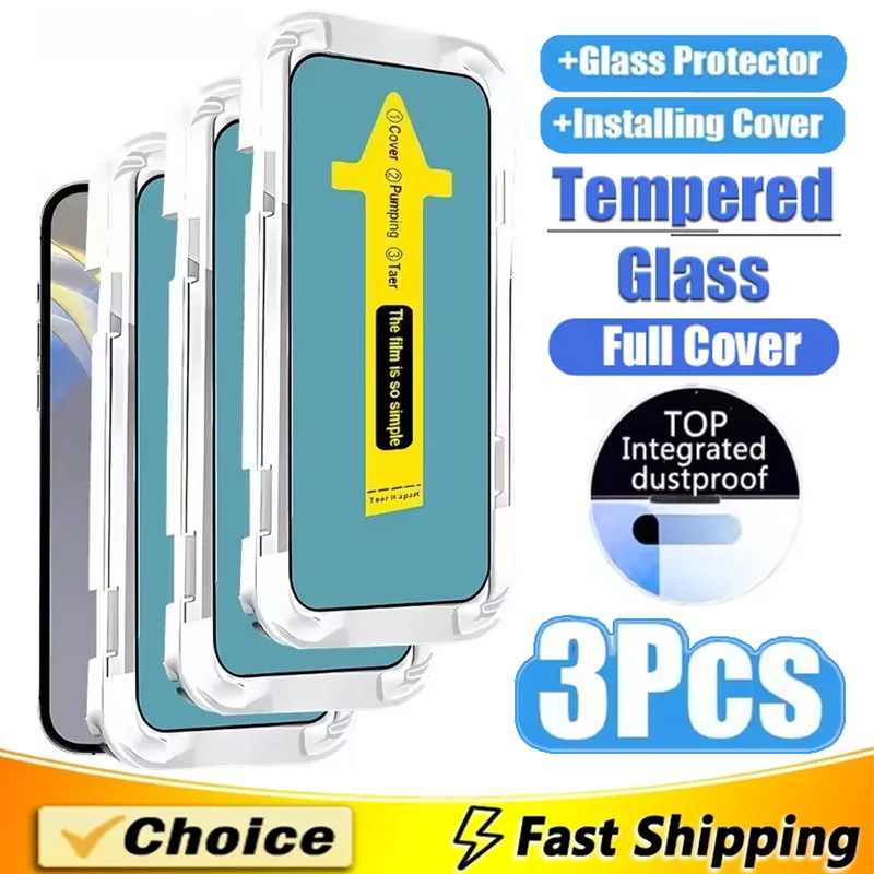 

3Pcs One-click Installation Dust Proof Screen Protector For iPhone 16 15 14 13 12 11 17 Pro Max Mini XR XS 16 Plus Tempered Glas