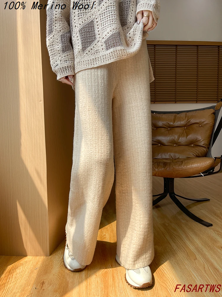 100% lã pura calças de perna reta para calças casuais femininas quente lã macia jacquard calças compridas para outono/inverno estilo de moda