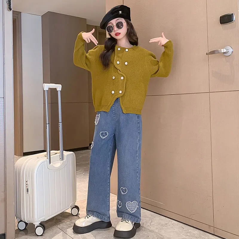 Kids New Designer Fashion Double Breasted Cardigan Sweater For Teens Girl High Street Knitwear Outfit Child Trendy Knit Clothing