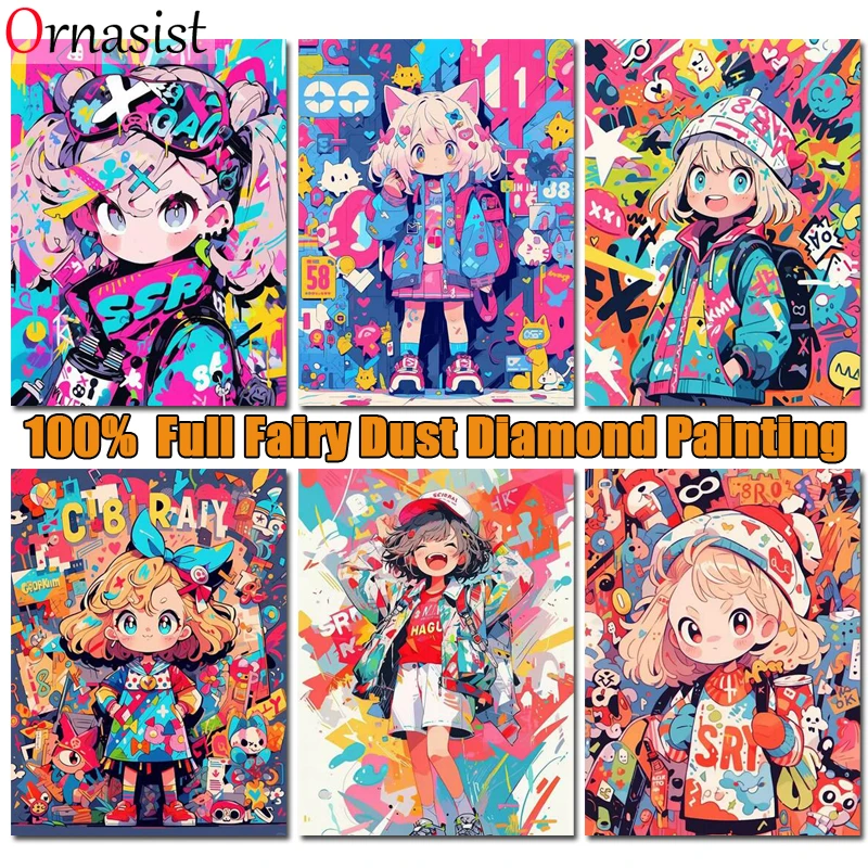 5D DIY Cartoon Girl Fairy Dust Diamond Painting Kits Colorful Graffiti Full Crystal Mosaic Embroidery Cross Stitch Handmade Gift
