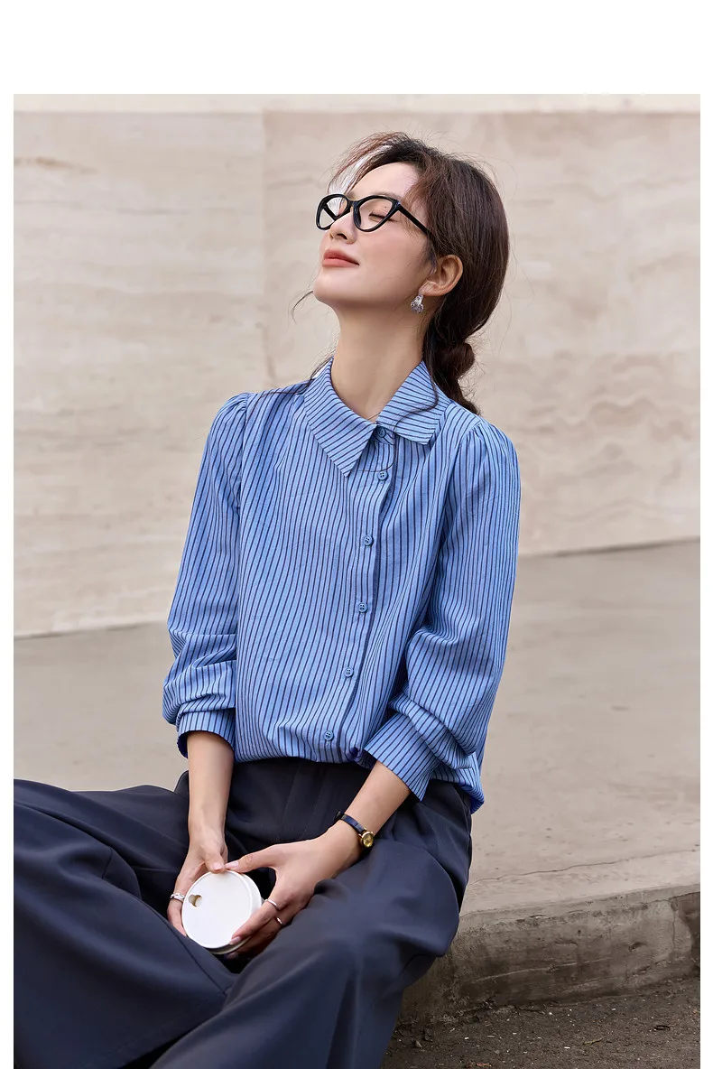 VIMLY Women's Blue Striped Shirt 2026 Spring New Irregular Placket Turn-Down Collar Long Sleeve Top Casual Commute Shirt A3711