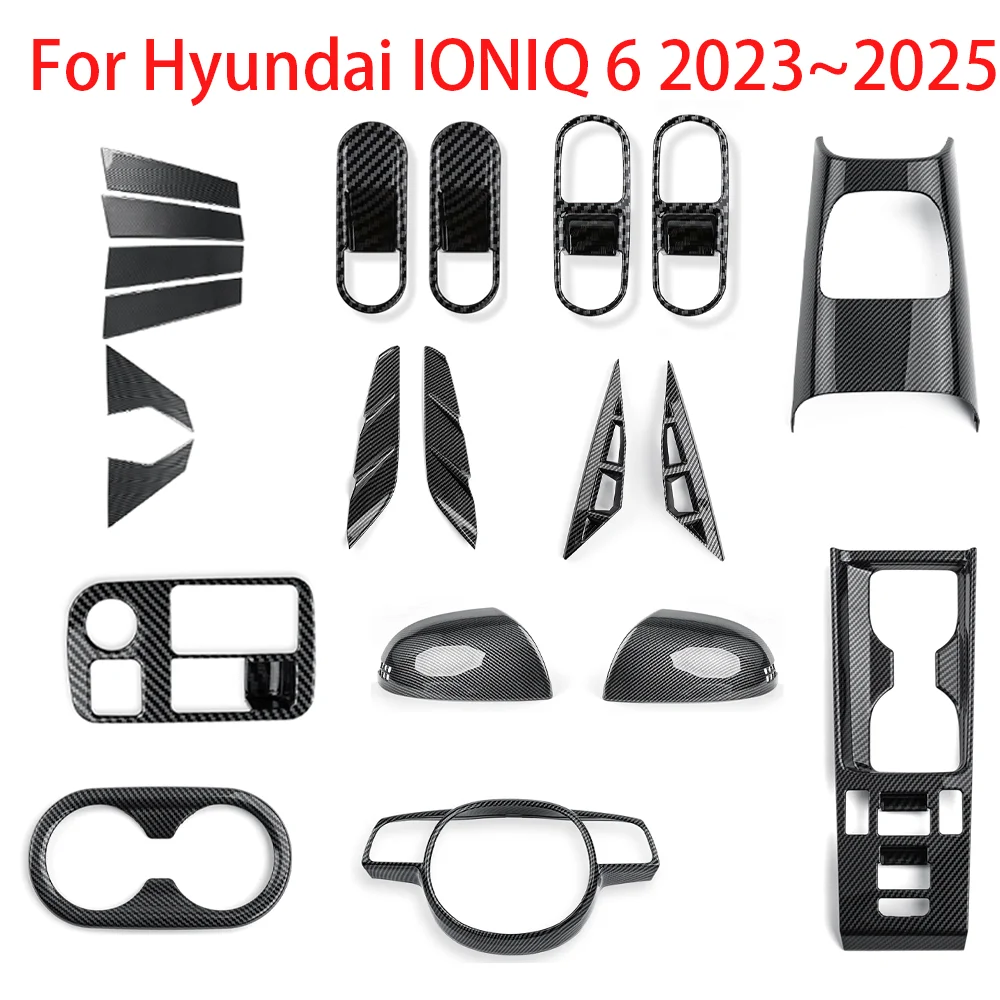 

For Hyundai IONIQ 6 LHD Carbon Fiber Interior Trim Window Button/Door Bowl /Front Water Cup Holder/Steering Wheel Decoration