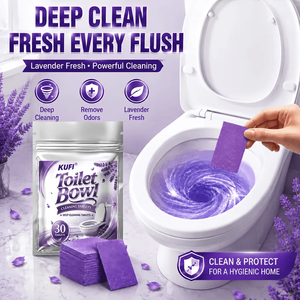KUFI Toilet Bowl Cleaners 1 Bag 30pcs, Lavender Scented, Dissolve Urine Water Marks Black Scale, Restore Gloss Eliminate Odors
