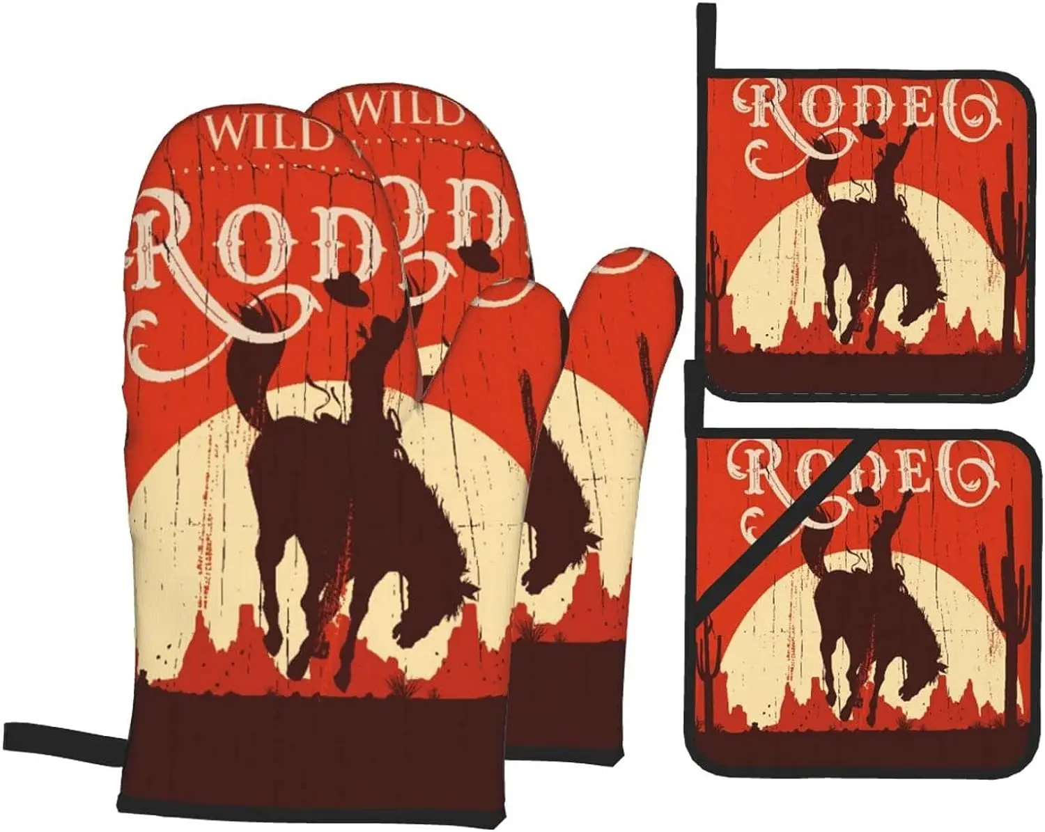 Oven Mitts and Pot Holders Sets of 4 Cowboy Horse Sunset Saguaro Desert Wild West Rodeo Vintage Wooden Sign Oven Mitts Resistant