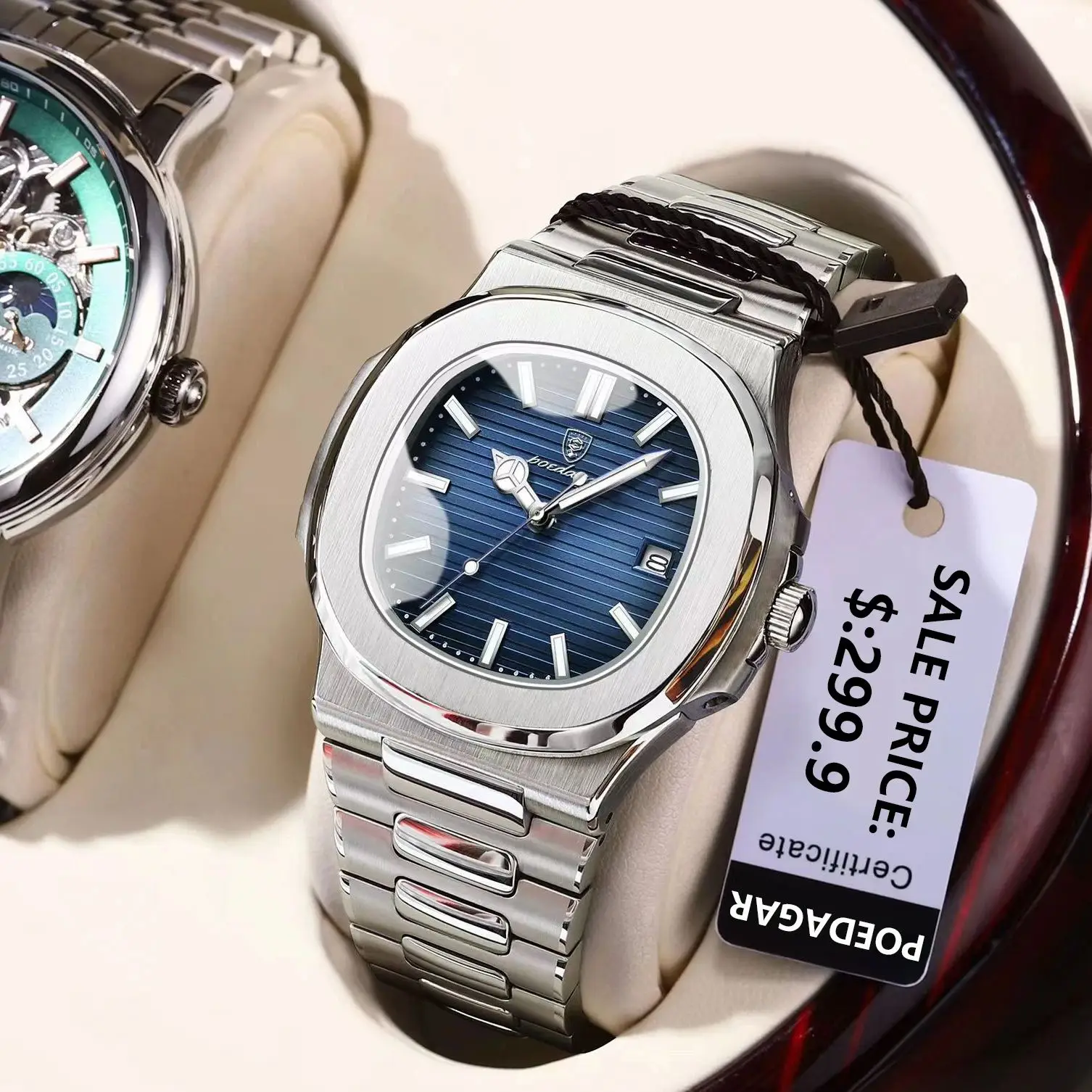 POEDAGAR الفاخرة الكلاسيكية رجل الساعات مضيئة تاريخ الفولاذ المقاوم للصدأ ساحة الكوارتز الذكور ساعة مقاوم للماء ساعة للرجال Reloj + صندوق
