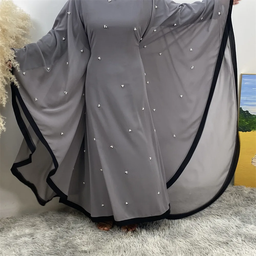 New Eid Chiffon Abayas for Women Muslim Bat Sleeve Dress Dubai Turkey Kaftan Islamic Clothing Pearls Beaded Prayer Robe Ramadan