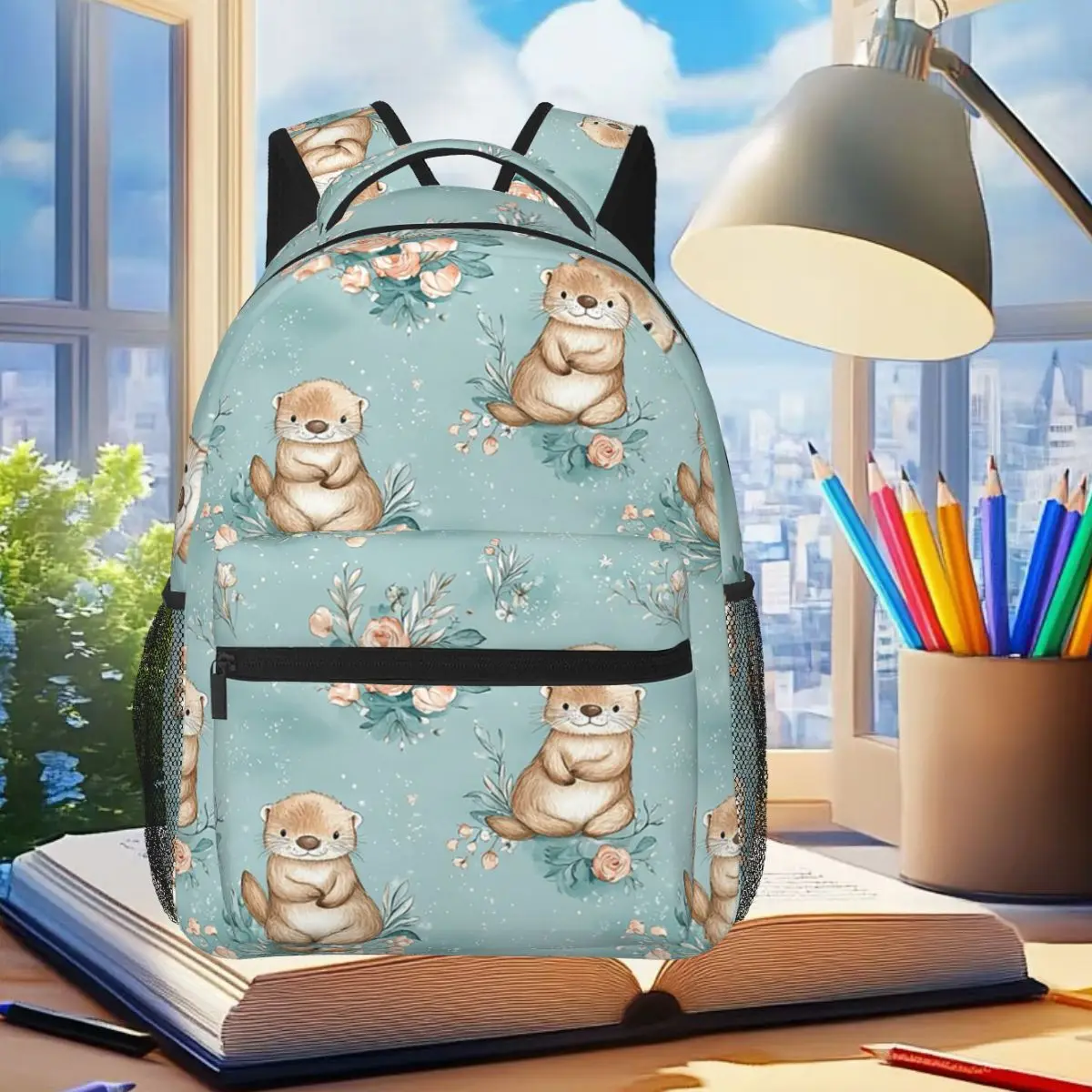 

Cute Otter In The Water Pattern Backpack Student Boys Girls BookBag Children School Bag Laptop Shoulder Bags for Men Women