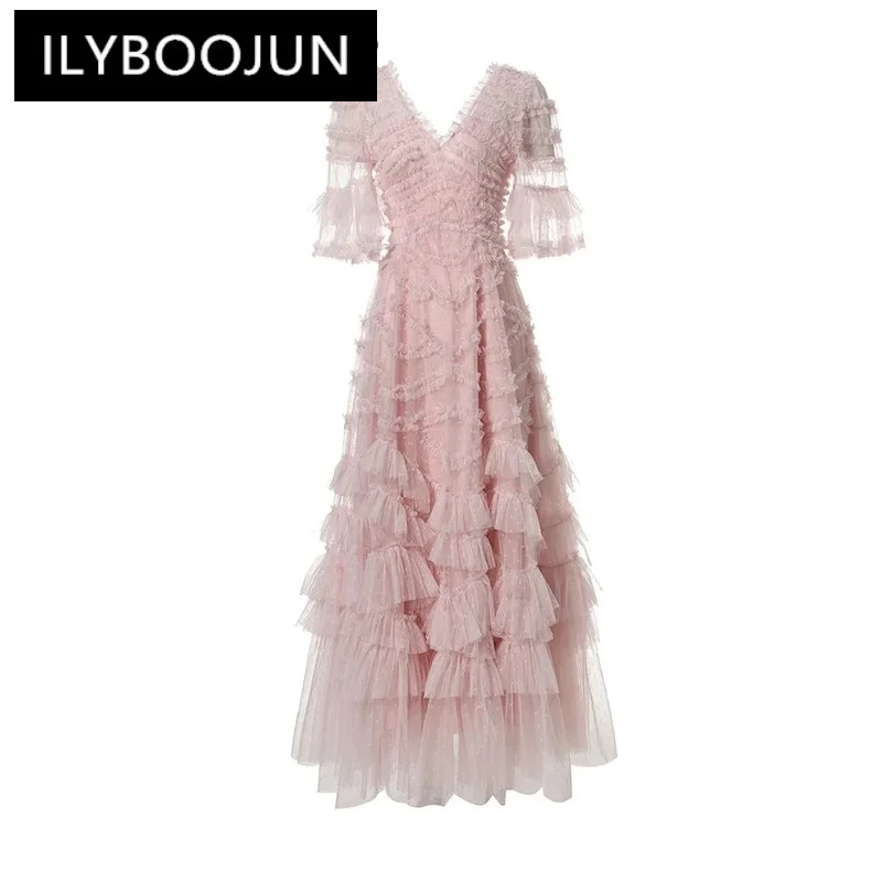 

ILYBOOJUN 2024 Summer High Quality Women Dress Net Yarn Polka Dot Print Cascading Ruffle Sexy Backless Temperament Dresses