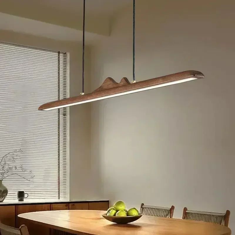 Mid-Ancient Style Long Bar Restaurant Chandelier - Walnut Modern Linear Design for Dining Table