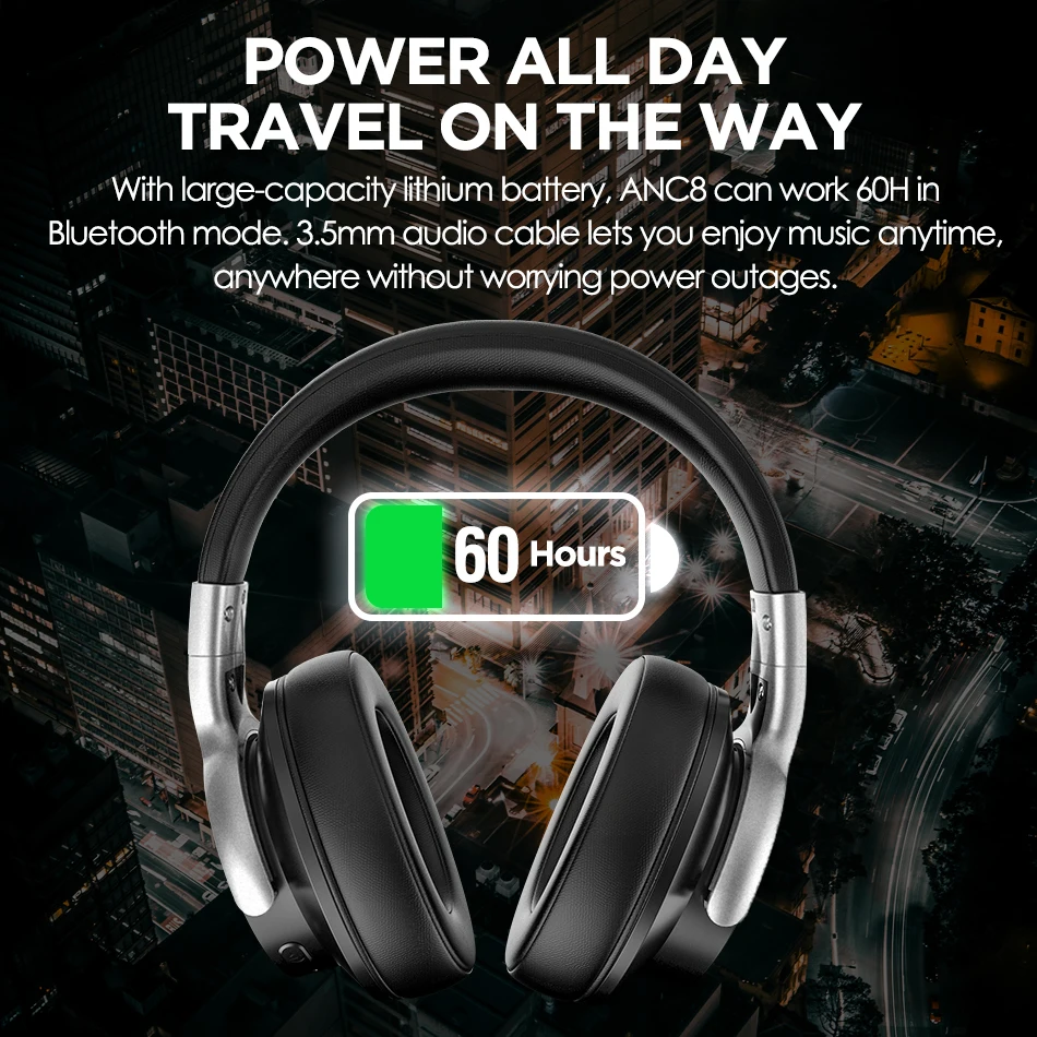 Беспроводные наушники AUSDOM ANC8 с активным шумоподавлением, Bluetooth-гарнитура с Super HiFi насыщенными басами, время работы 60 часов, для путешествий, работы
