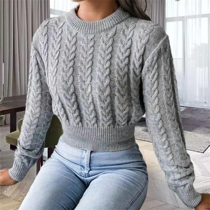 Women's Knit Sweater 2023 Autumn And Winter New Slim-Fit Twist Round Neck Waistband Bottom Sweater Top