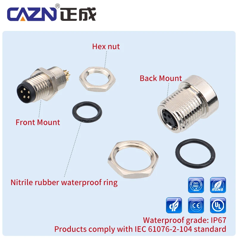 3 4 5 6 8 Pin M8 Solder Socket Male Female Front Back Mount Multiple Thread Sizes IP67 for Industrial Automation&Robotics