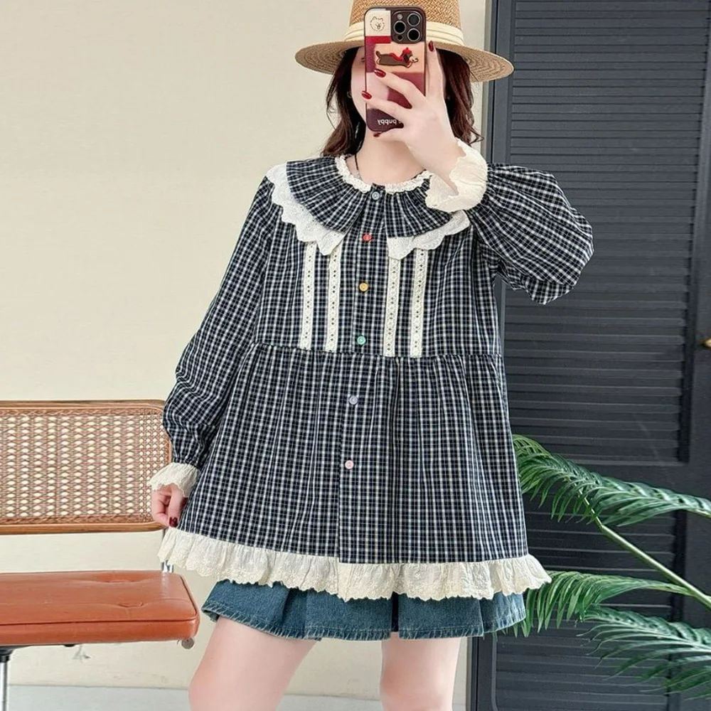 

2026 Spring New Mori Girl Vintage Plaid Lace Patchwork Doll Shirts Women Cute Peter Pan Collar Long Sleeve Casual Loose Blouse