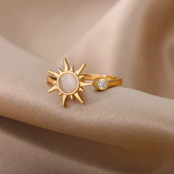 Rotating Sun Opal Ring For Women Stainless Steel Retro Open Charm Adjustable Open Rings Jewelry Best Friend Gift Bijoux Femme