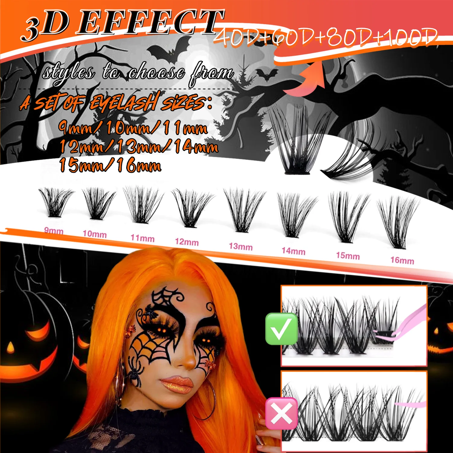 Zestaw do przedłużania rzęs DIY na Halloween, 800/320 kępek, 9-16mm, mieszanka górnych rzęs, 40D-100D z klejem, pędzelkiem, pęsetą i narzędziami.